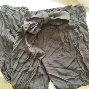 Black Smocked Waist Tie-Front Wide Leg Beach Pants